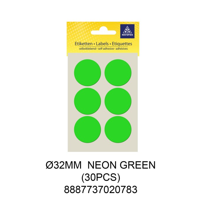 MAYSPIES MS032 COLOUR DOT LABEL / 5 SHEETS/PKT / 30PCS / ROUND 32MM NEON GREEN